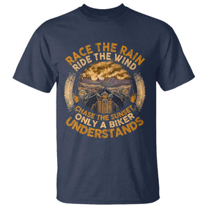 Motorcycle Rider T Shirt Race The Rain Ride The Wind Chase The Sunset TS09 Navy Print Your Wear