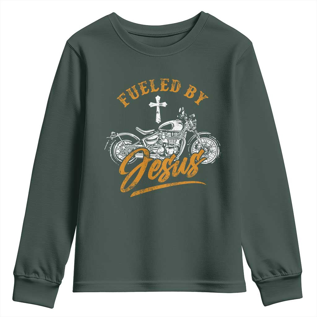 Motorcycle Rider Fueled By Jesus Youth Sweatshirt TS09 Dark Forest Green Print Your Wear