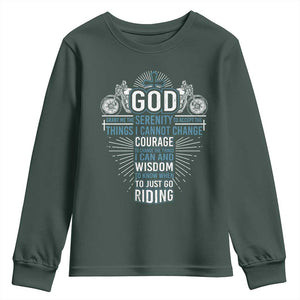 Christian Motorcycle Rider Youth Sweatshirt God Grant Me The Serenity To Accept The Things I Cannot Change TS09 Dark Forest Green Print Your Wear