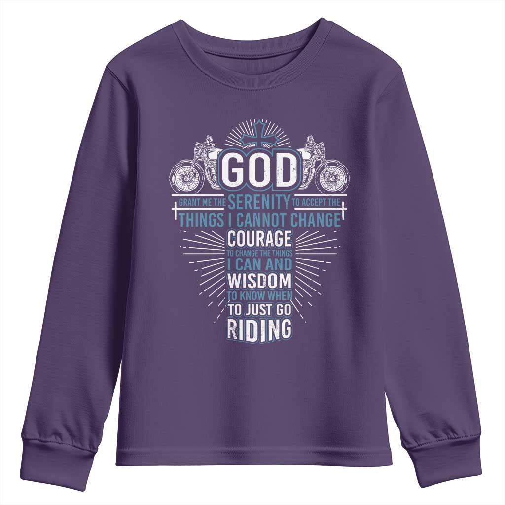 Christian Motorcycle Rider Youth Sweatshirt God Grant Me The Serenity To Accept The Things I Cannot Change TS09 Purple Print Your Wear
