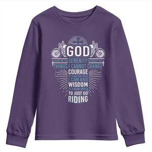 Christian Motorcycle Rider Youth Sweatshirt God Grant Me The Serenity To Accept The Things I Cannot Change TS09 Purple Print Your Wear