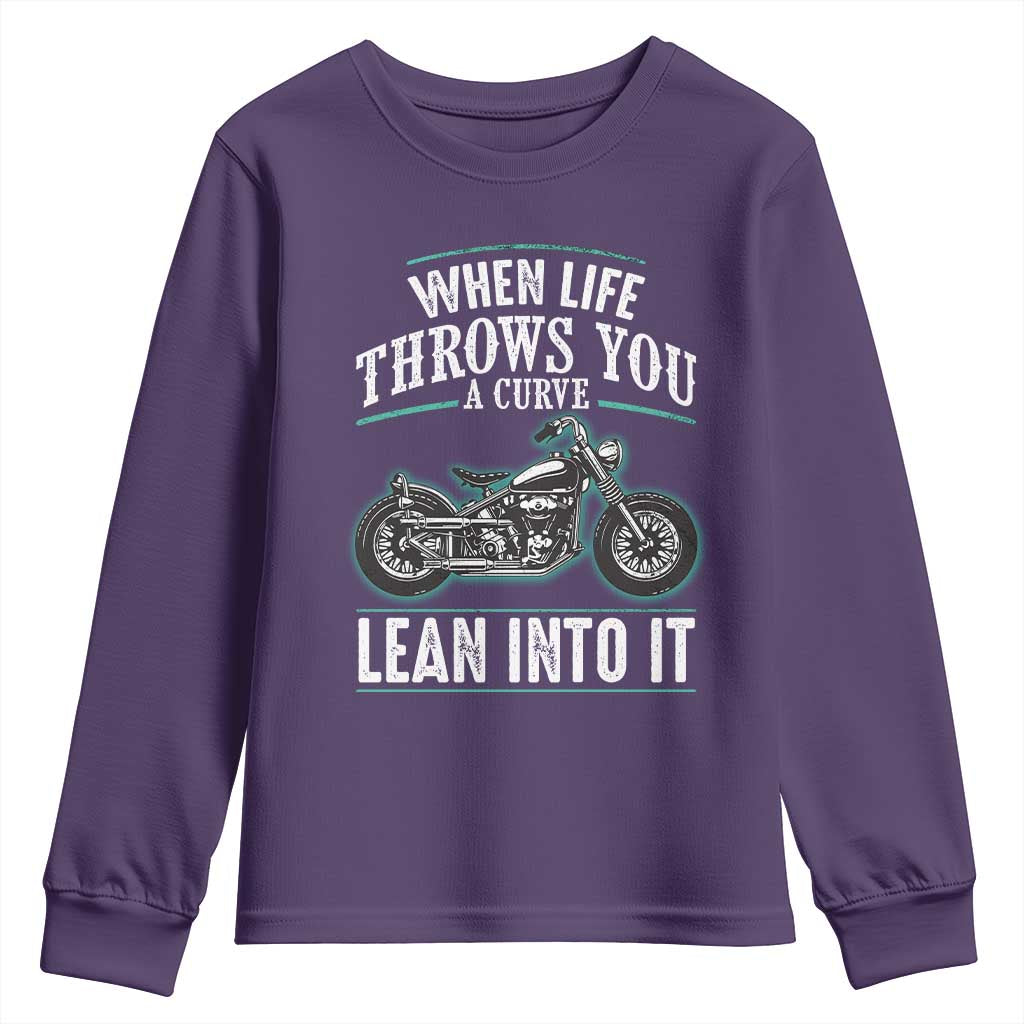 Motorcycle Rider Youth Sweatshirt When Life Throws You A Curve Lean Into It TS09 Purple Print Your Wear