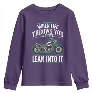 Motorcycle Rider Youth Sweatshirt When Life Throws You A Curve Lean Into It TS09 Purple Print Your Wear