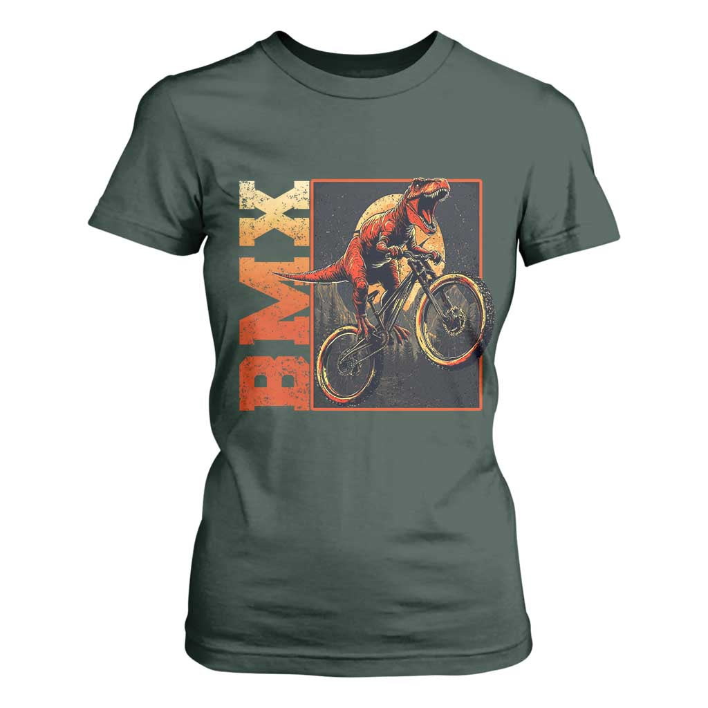 BMX Cyclist Bicycle T Shirt For Women Funny Dinosaur Riding TS09 Dark Forest Green Print Your Wear