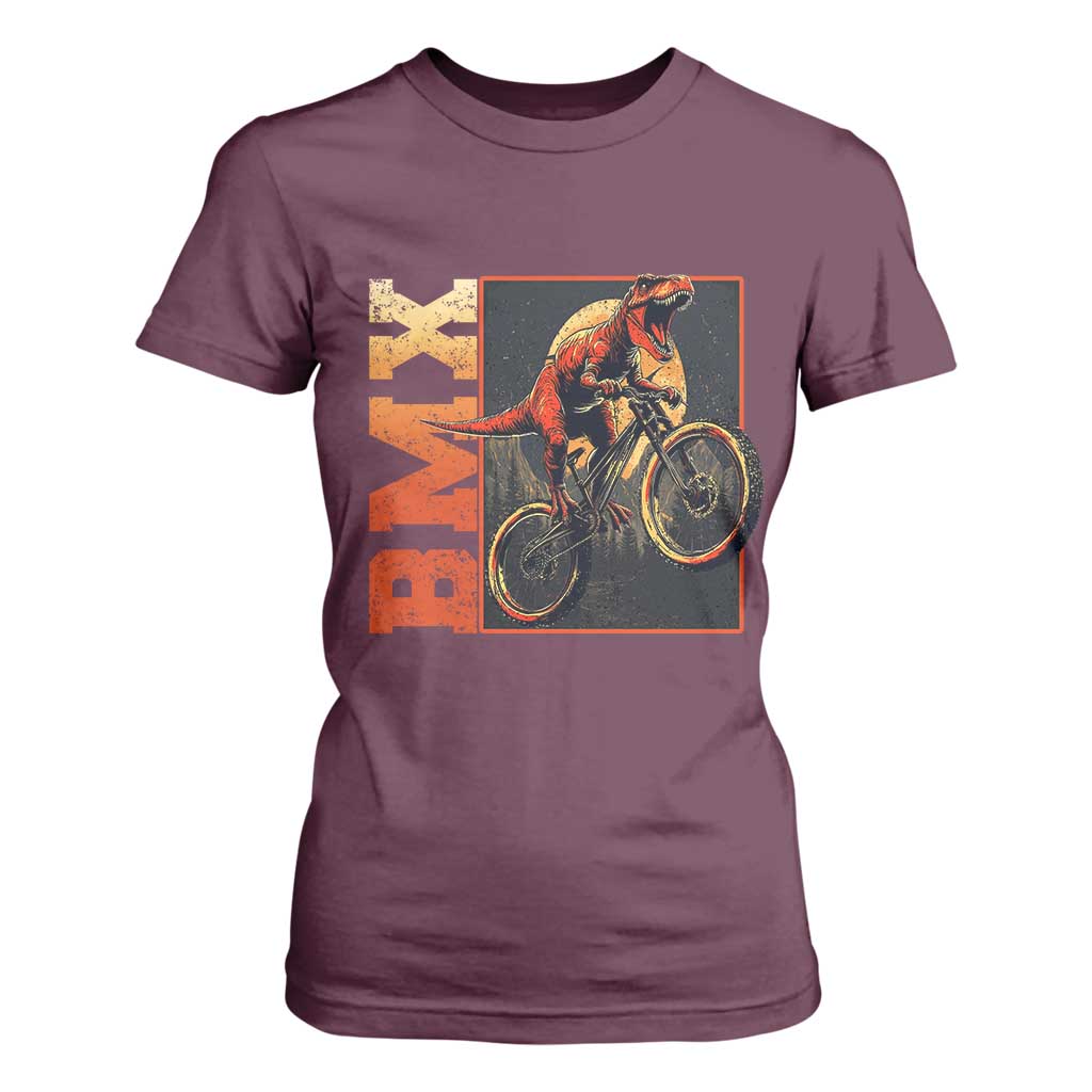 BMX Cyclist Bicycle T Shirt For Women Funny Dinosaur Riding TS09 Maroon Print Your Wear