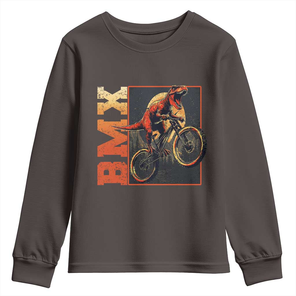 BMX Cyclist Bicycle Youth Sweatshirt Funny Dinosaur Riding TS09 Dark Chocolate Print Your Wear
