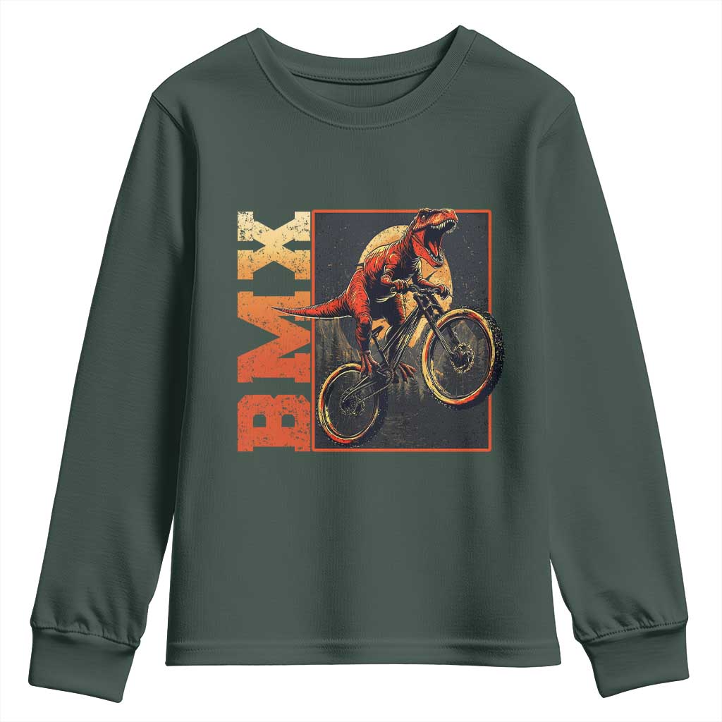 BMX Cyclist Bicycle Youth Sweatshirt Funny Dinosaur Riding TS09 Dark Forest Green Print Your Wear