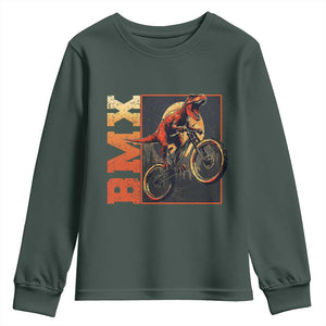 BMX Cyclist Bicycle Youth Sweatshirt Funny Dinosaur Riding TS09 Dark Forest Green Print Your Wear