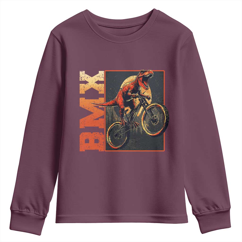 BMX Cyclist Bicycle Youth Sweatshirt Funny Dinosaur Riding TS09 Maroon Print Your Wear