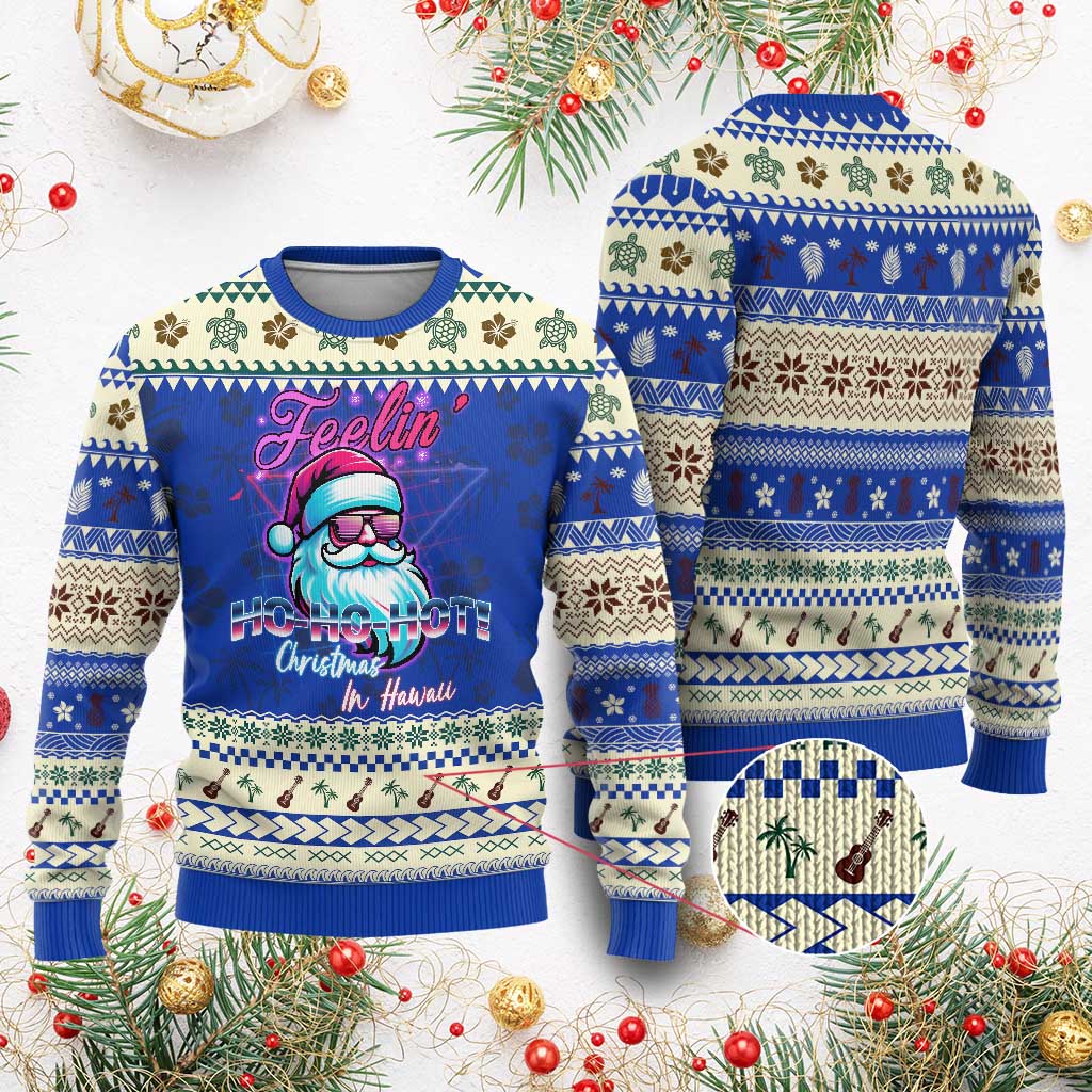 Tropical Xmas Ugly Christmas Sweater Retro Santa Feelin' Ho Ho Hot TS09 Blue Print Your Wear