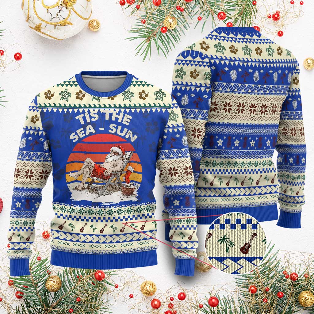Tropical Xmas Ugly Christmas Sweater Tis The Sea Sun Santa At The Beach TS09 Blue Print Your Wear