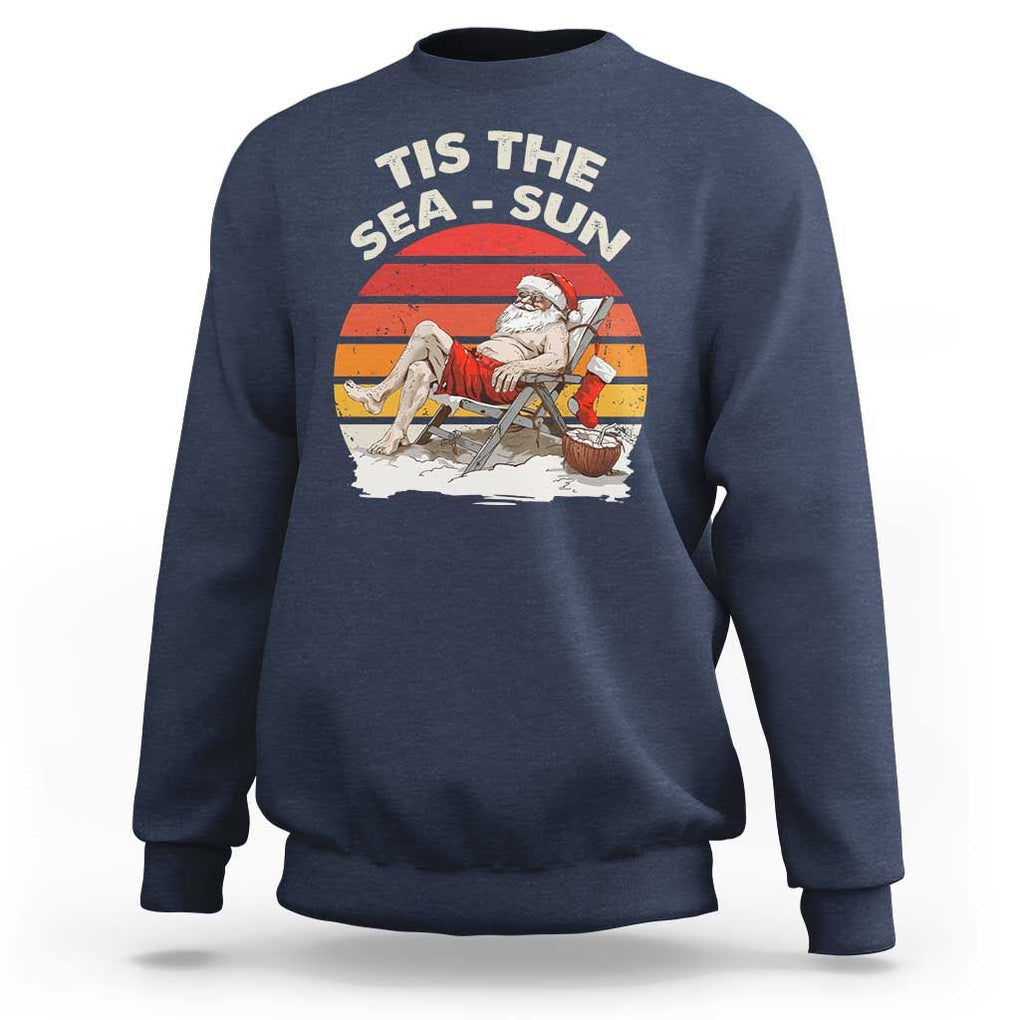 Funny Christmas In July Sweatshirt Tis The Sea Sun Santa At The Beach TS09 Navy Print Your Wear