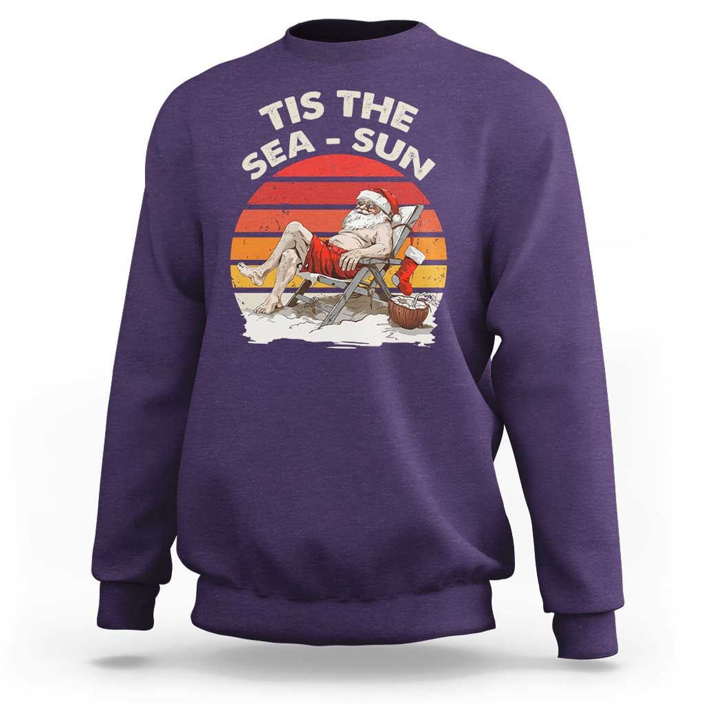 Funny Christmas In July Sweatshirt Tis The Sea Sun Santa At The Beach TS09 Purple Print Your Wear