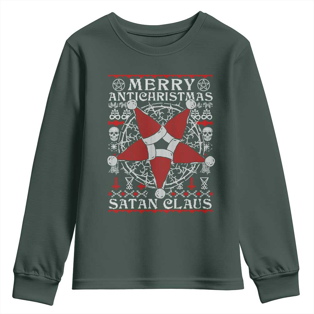 Anti Christmas Youth Sweatshirt Merry Antichristmas Noel Hat Pentagram TS09 Dark Forest Green Print Your Wear