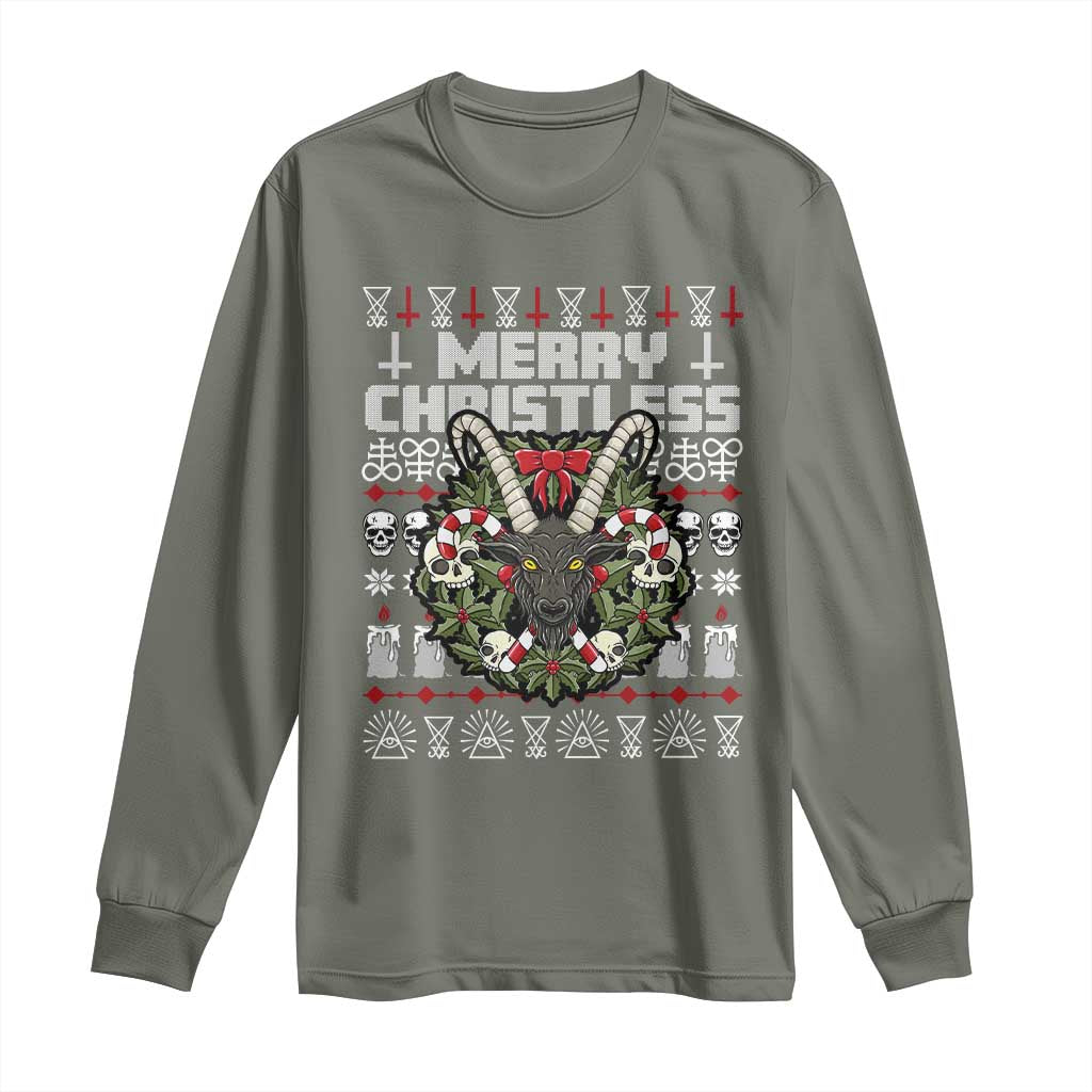 Anti Christmas Long Sleeve Shirt Merry Christless Satan Baphomet Wreath TS09 Military Green Print Your Wear
