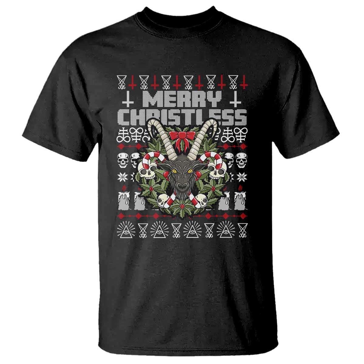 Anti Christmas T Shirt Merry Christless Satan Baphomet Wreath TS09 Black Print Your Wear