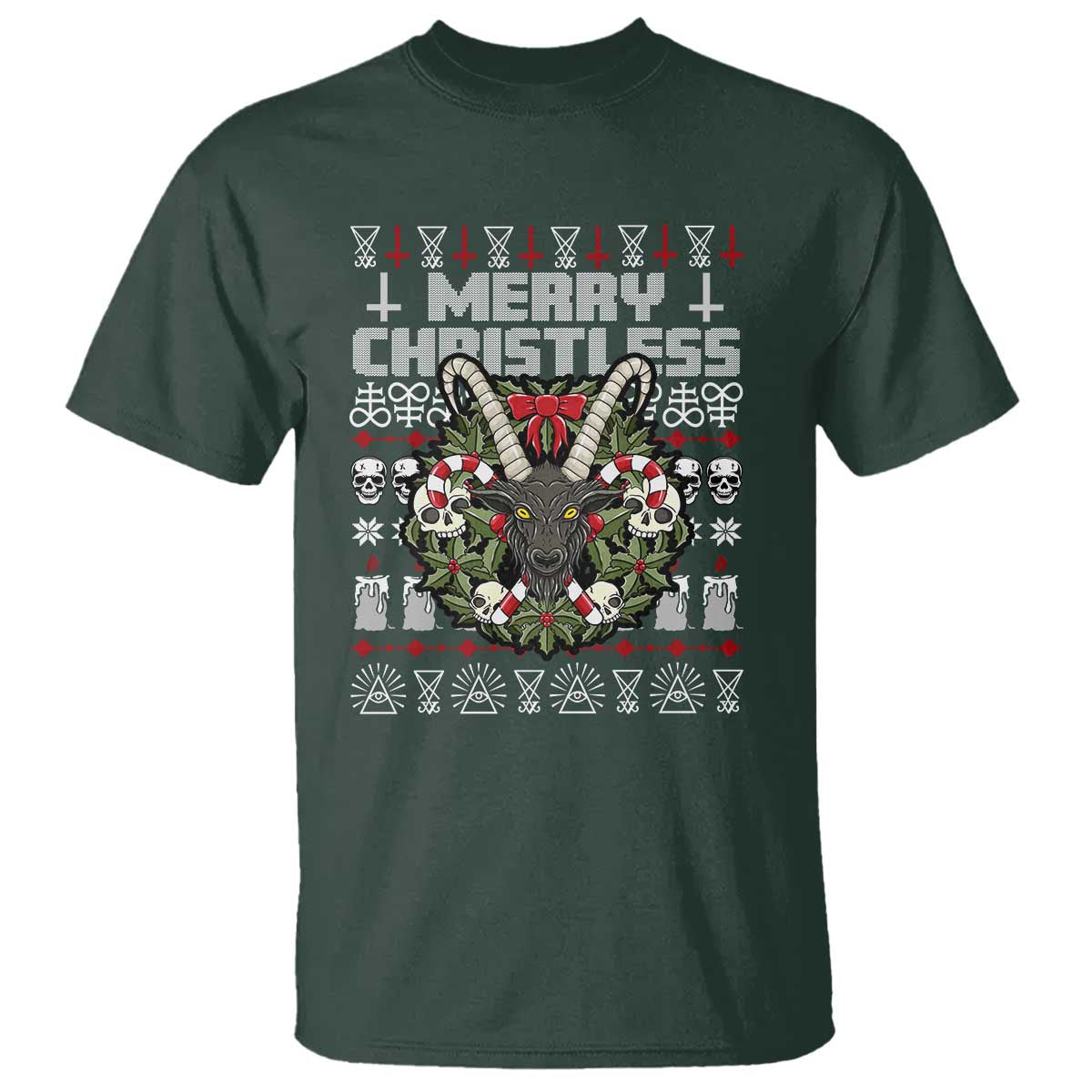 Anti Christmas T Shirt Merry Christless Satan Baphomet Wreath TS09 Dark Forest Green Print Your Wear