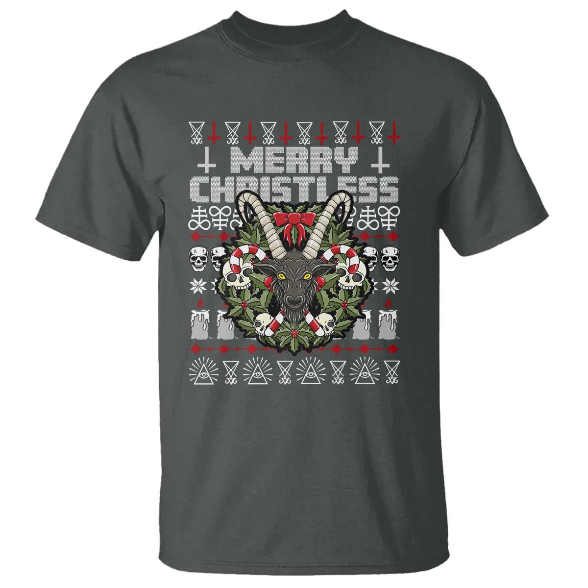 Anti Christmas T Shirt Merry Christless Satan Baphomet Wreath TS09 Dark Heather Print Your Wear