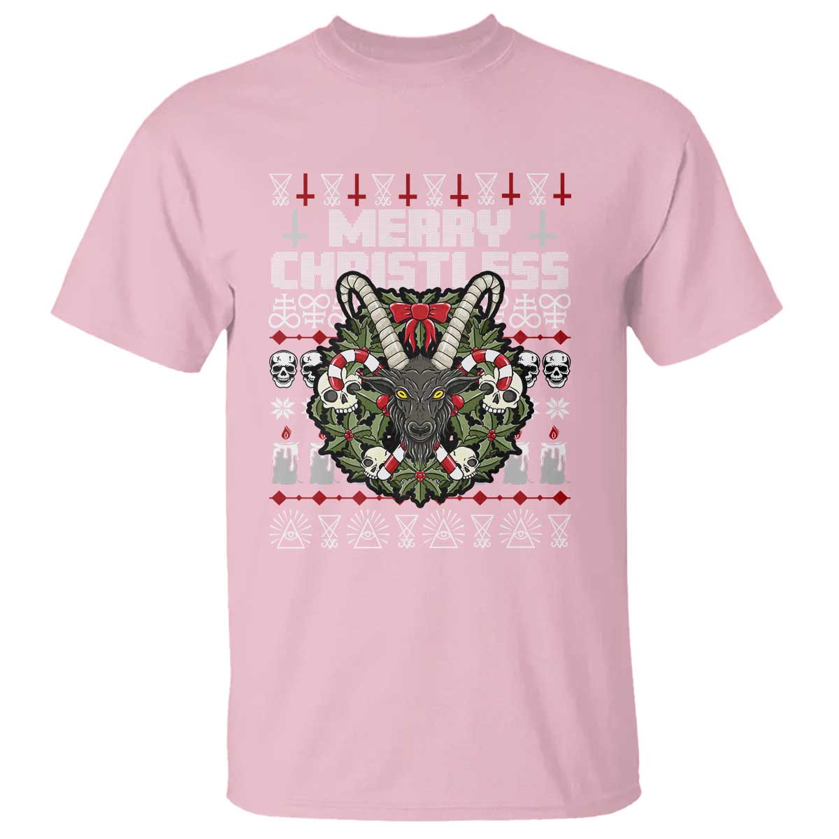 Anti Christmas T Shirt Merry Christless Satan Baphomet Wreath TS09 Light Pink Print Your Wear