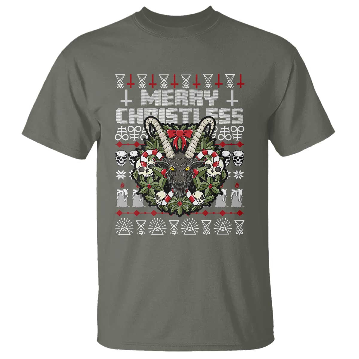 Anti Christmas T Shirt Merry Christless Satan Baphomet Wreath TS09 Military Green Print Your Wear