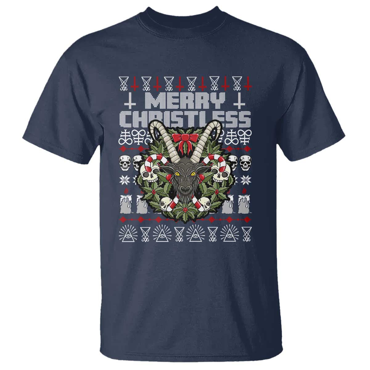 Anti Christmas T Shirt Merry Christless Satan Baphomet Wreath TS09 Navy Print Your Wear