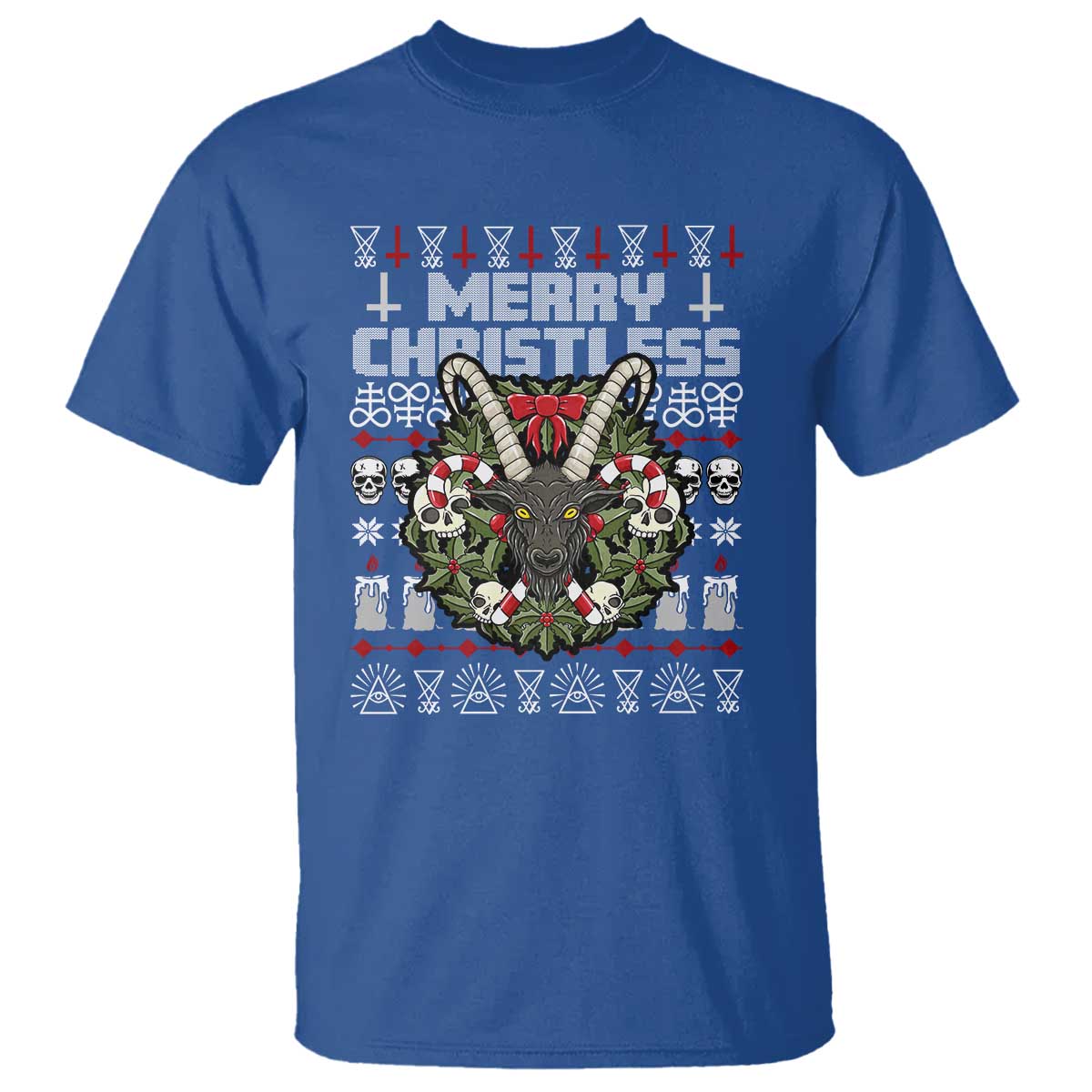 Anti Christmas T Shirt Merry Christless Satan Baphomet Wreath TS09 Royal Blue Print Your Wear