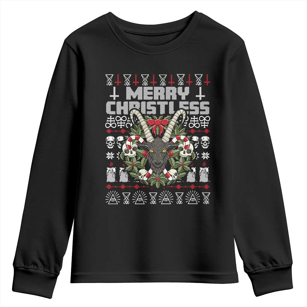 Anti Christmas Youth Sweatshirt Merry Christless Satan Baphomet Wreath TS09 Black Print Your Wear