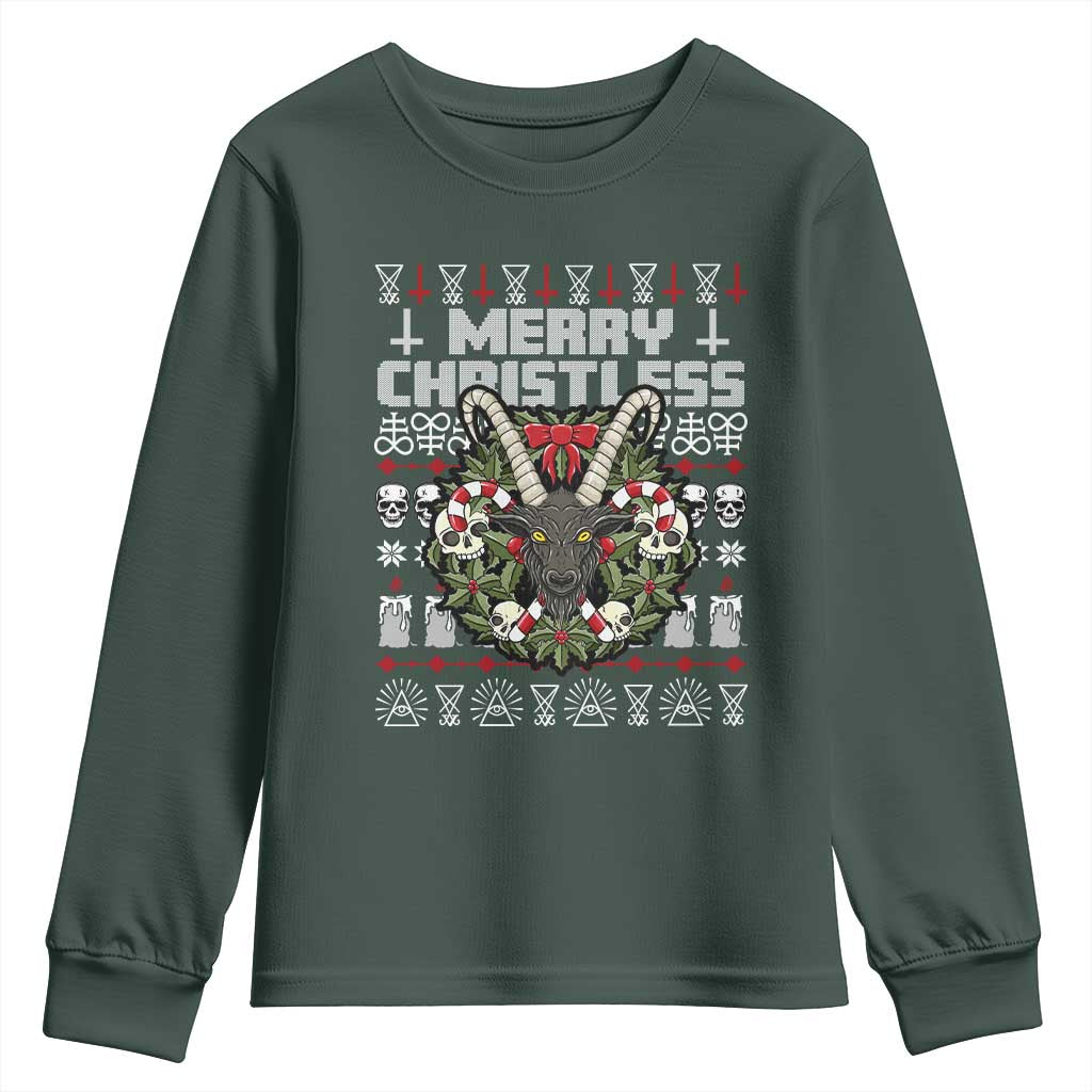 Anti Christmas Youth Sweatshirt Merry Christless Satan Baphomet Wreath TS09 Dark Forest Green Print Your Wear