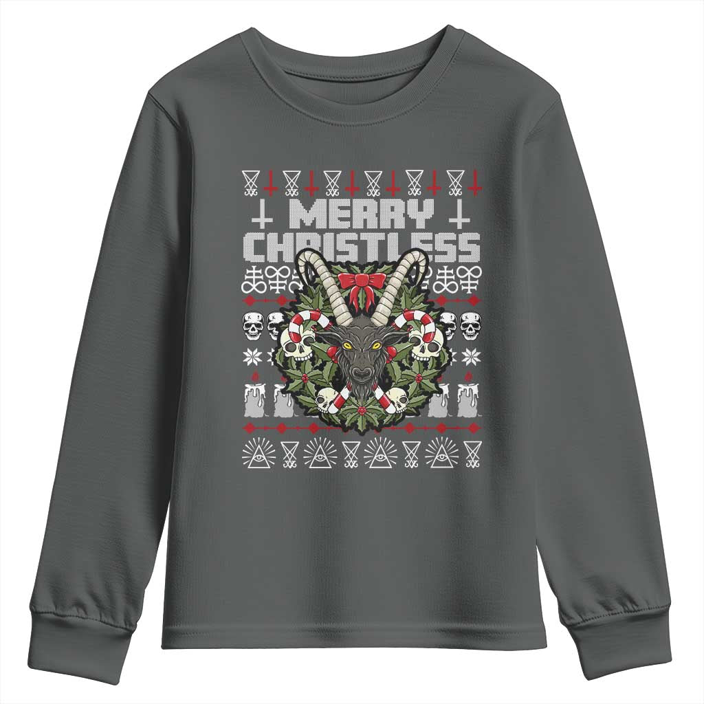 Anti Christmas Youth Sweatshirt Merry Christless Satan Baphomet Wreath TS09 Dark Heather Print Your Wear