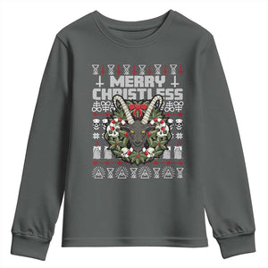 Anti Christmas Youth Sweatshirt Merry Christless Satan Baphomet Wreath TS09 Dark Heather Print Your Wear