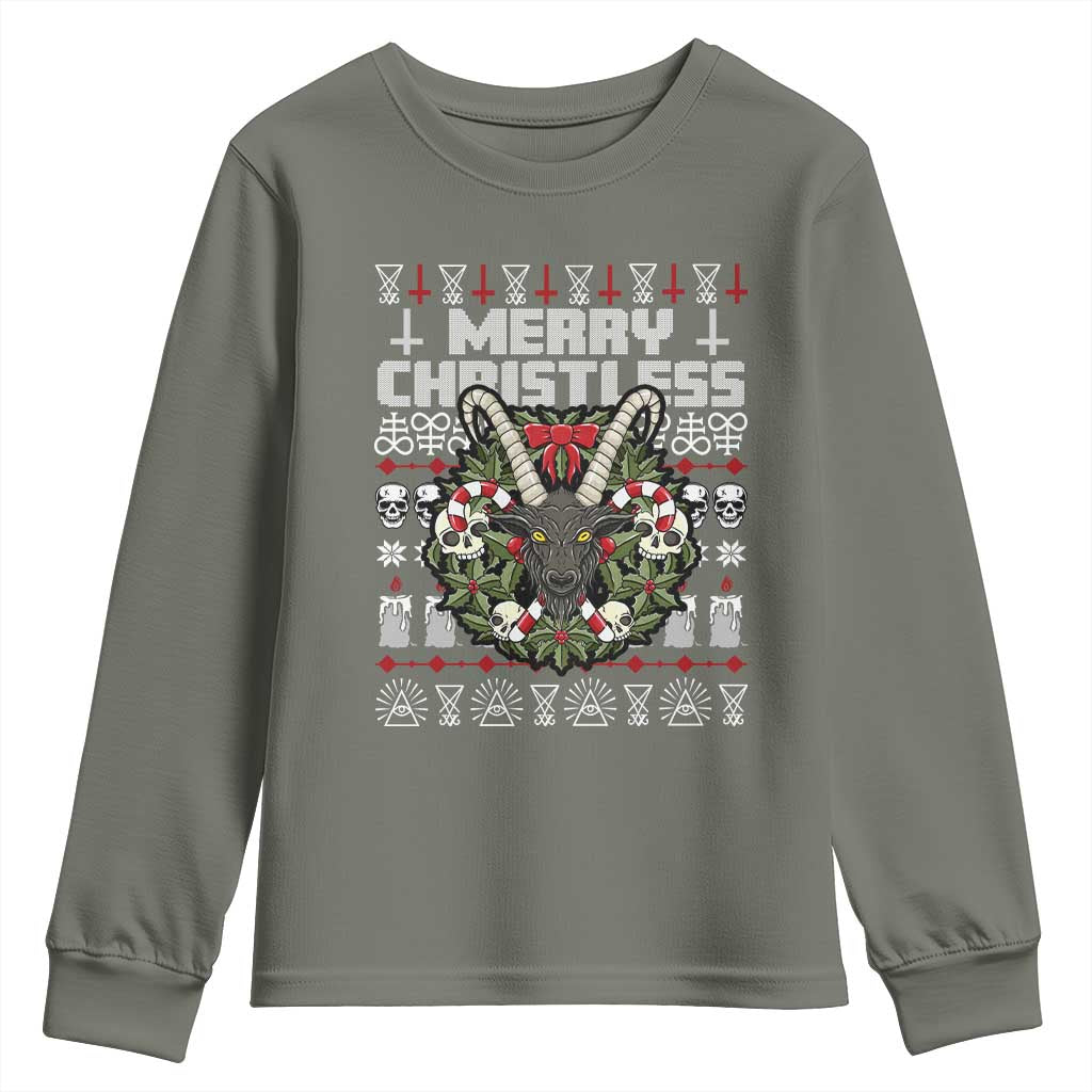 Anti Christmas Youth Sweatshirt Merry Christless Satan Baphomet Wreath TS09 Military Green Print Your Wear