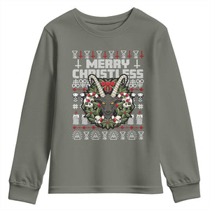 Anti Christmas Youth Sweatshirt Merry Christless Satan Baphomet Wreath TS09 Military Green Print Your Wear