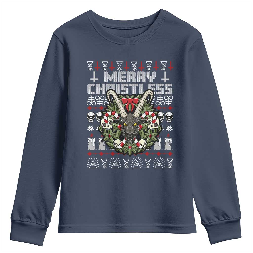 Anti Christmas Youth Sweatshirt Merry Christless Satan Baphomet Wreath TS09 Navy Print Your Wear
