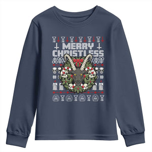 Anti Christmas Youth Sweatshirt Merry Christless Satan Baphomet Wreath TS09 Navy Print Your Wear