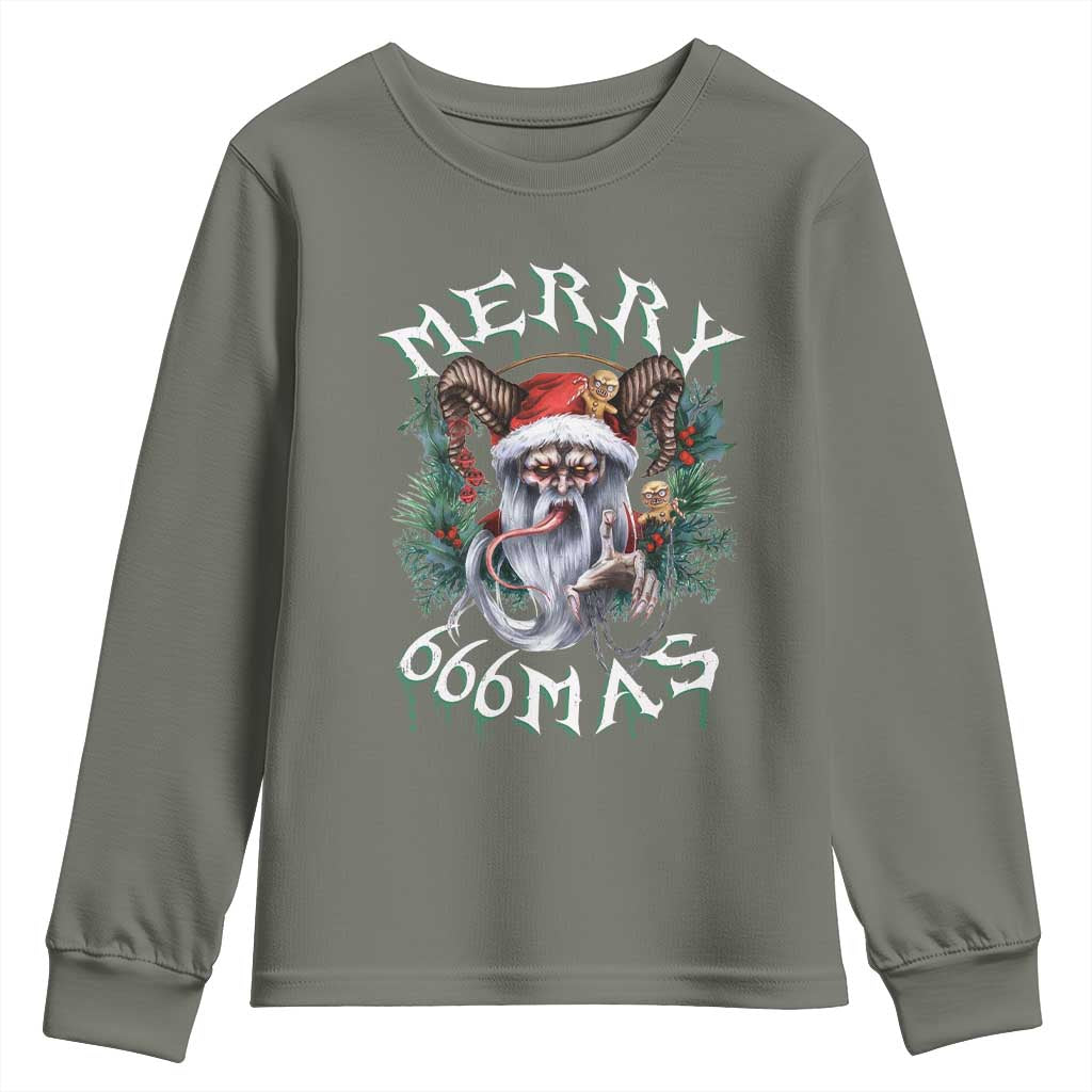 Anti Christmas Youth Sweatshirt Merry 666Mas Satan Creepy Christmas TS09 Military Green Print Your Wear