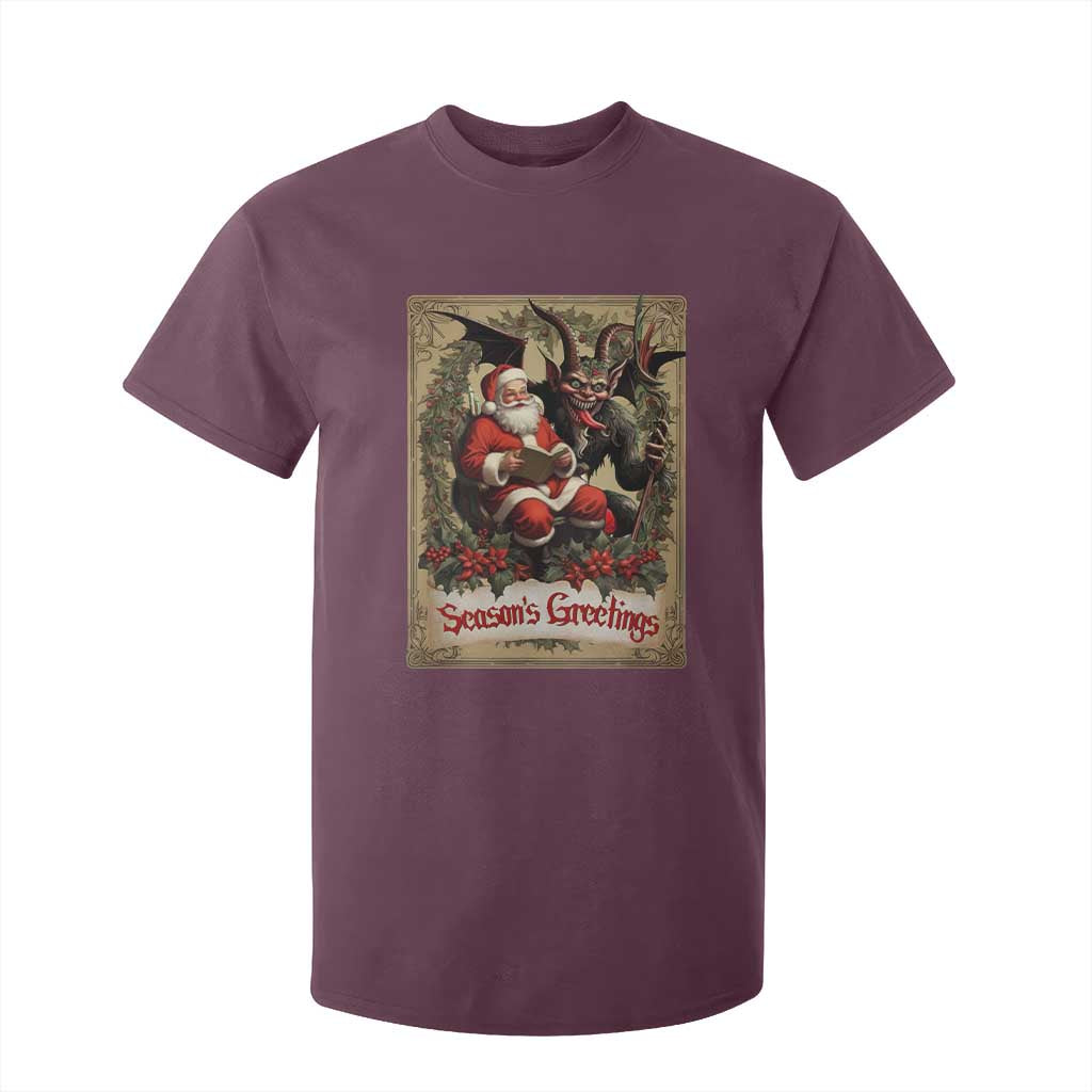Christmas Krampus T Shirt For Kid Season Greeting Vintage Tarot Card TS09 Maroon Print Your Wear