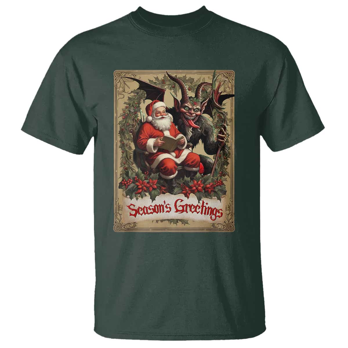 Christmas Krampus T Shirt Season Greeting Vintage Tarot Card TS09 Dark Forest Green Print Your Wear