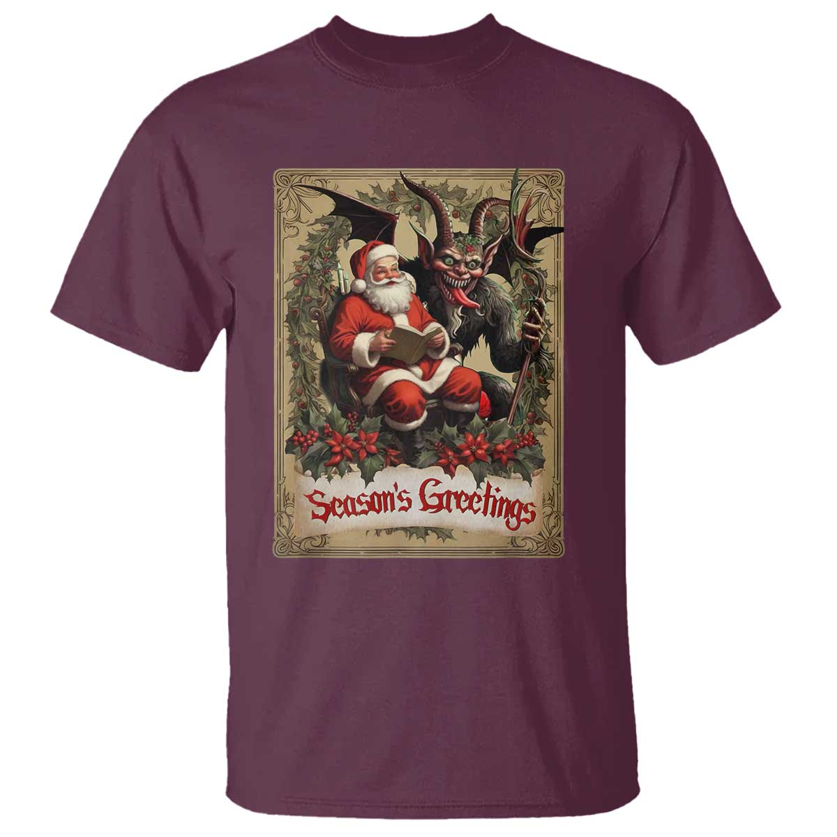 Christmas Krampus T Shirt Season Greeting Vintage Tarot Card TS09 Maroon Print Your Wear
