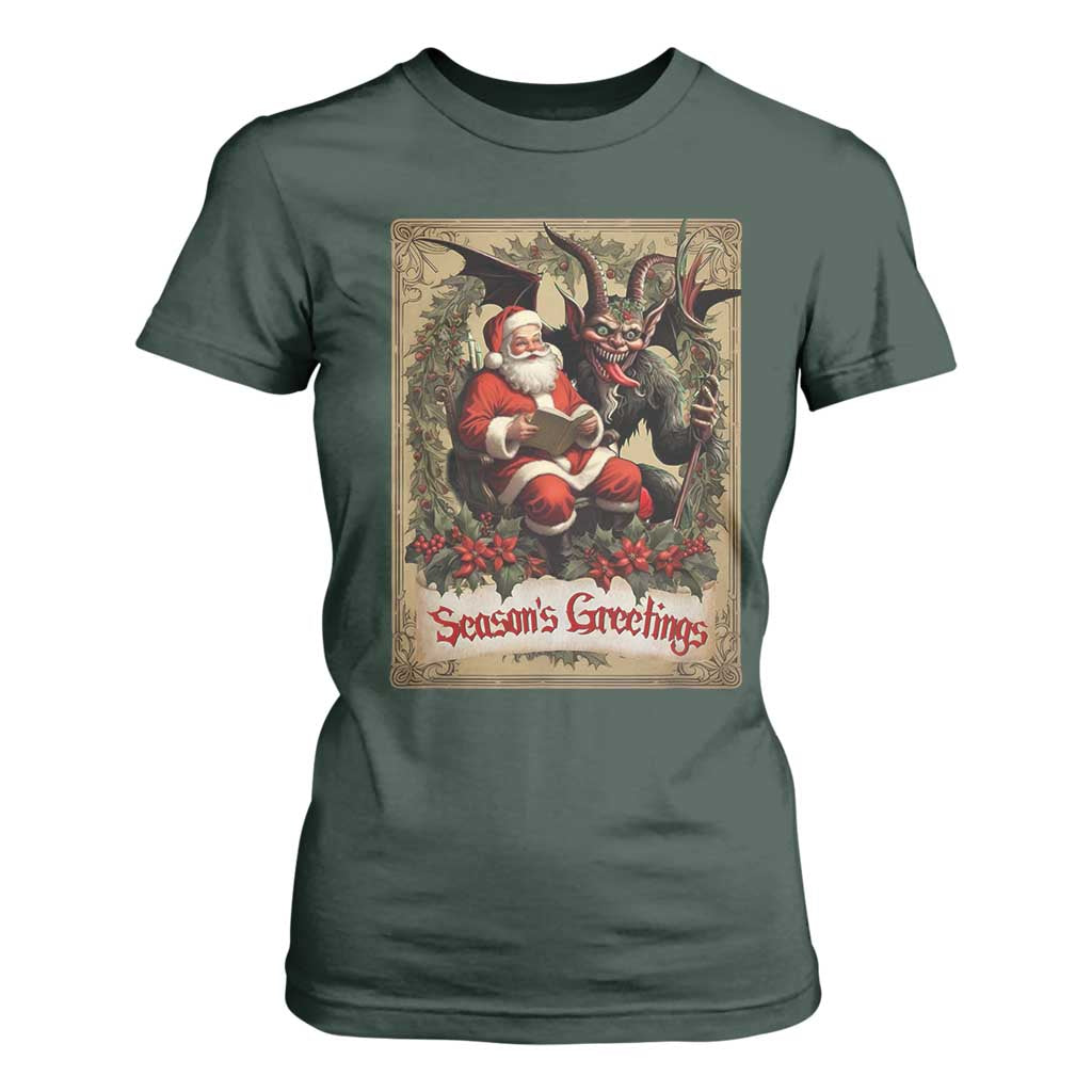 Christmas Krampus T Shirt For Women Season Greeting Vintage Tarot Card TS09 Dark Forest Green Print Your Wear