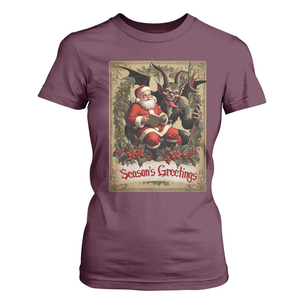 Christmas Krampus T Shirt For Women Season Greeting Vintage Tarot Card TS09 Maroon Print Your Wear