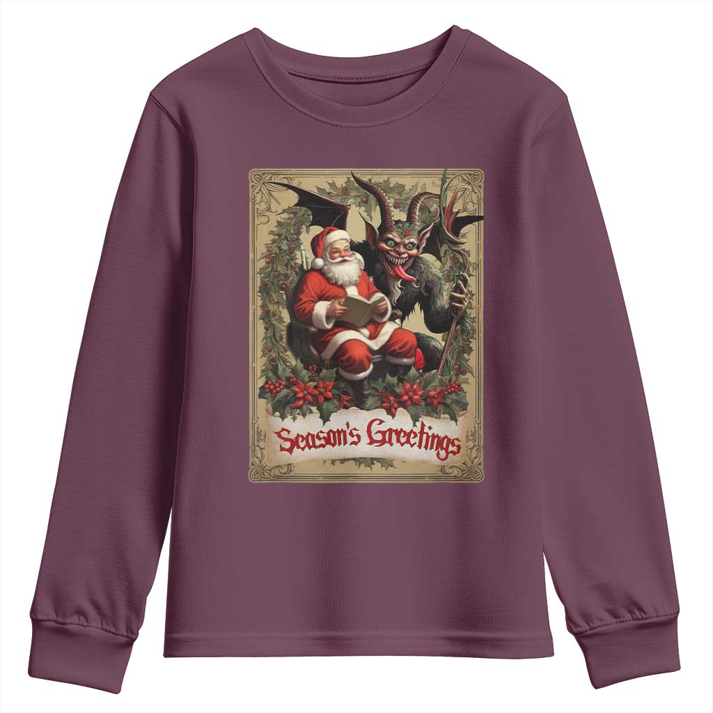 Christmas Krampus Youth Sweatshirt Season Greeting Vintage Tarot Card TS09 Maroon Print Your Wear