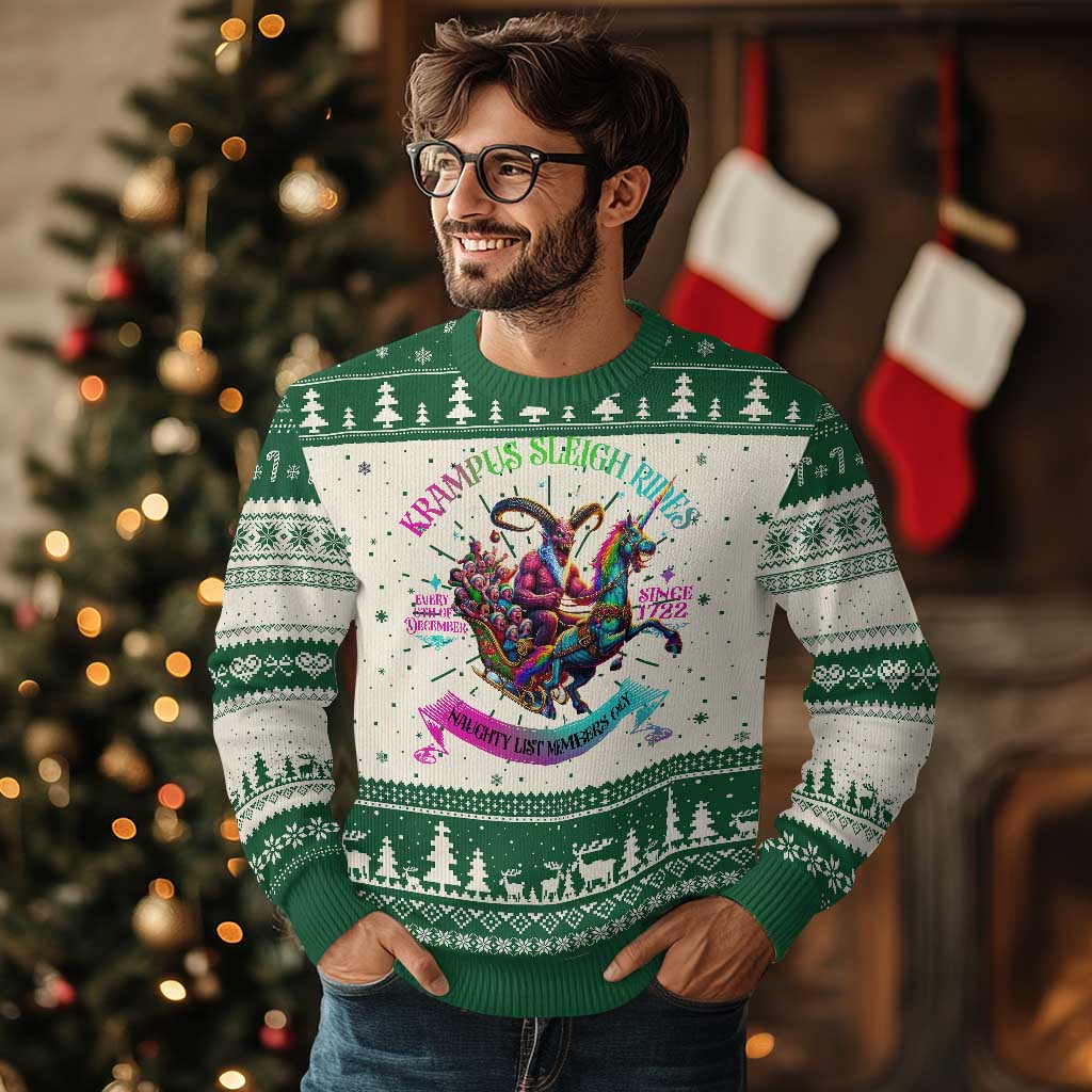 Funny Krampus Sleigh Rides Ugly Christmas Sweater Naughty List Members Only Since 1722 TS09 Green Print Your Wear