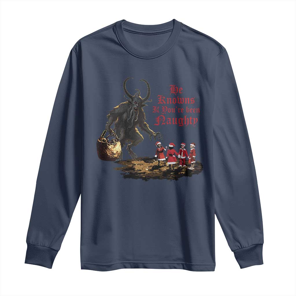 Christmas Krampus Long Sleeve Shirt He Knows If You've Been Naughty TS09 Navy Print Your Wear