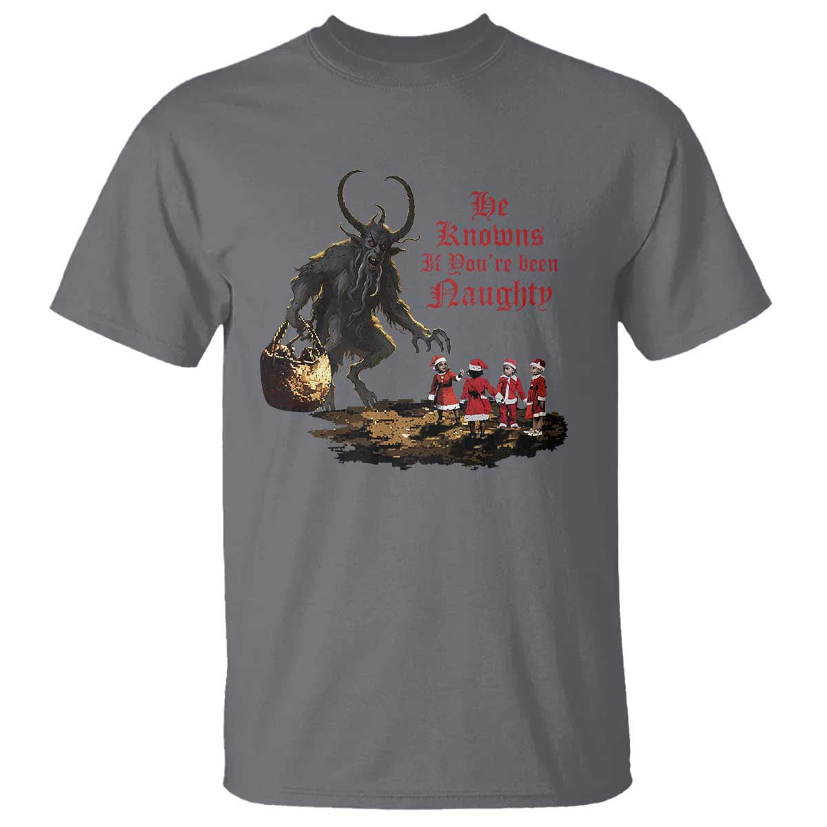 Christmas Krampus T Shirt He Knows If You've Been Naughty TS09 Charcoal Print Your Wear
