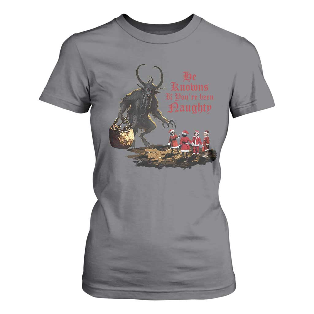 Christmas Krampus T Shirt For Women He Knows If You've Been Naughty TS09 Charcoal Print Your Wear