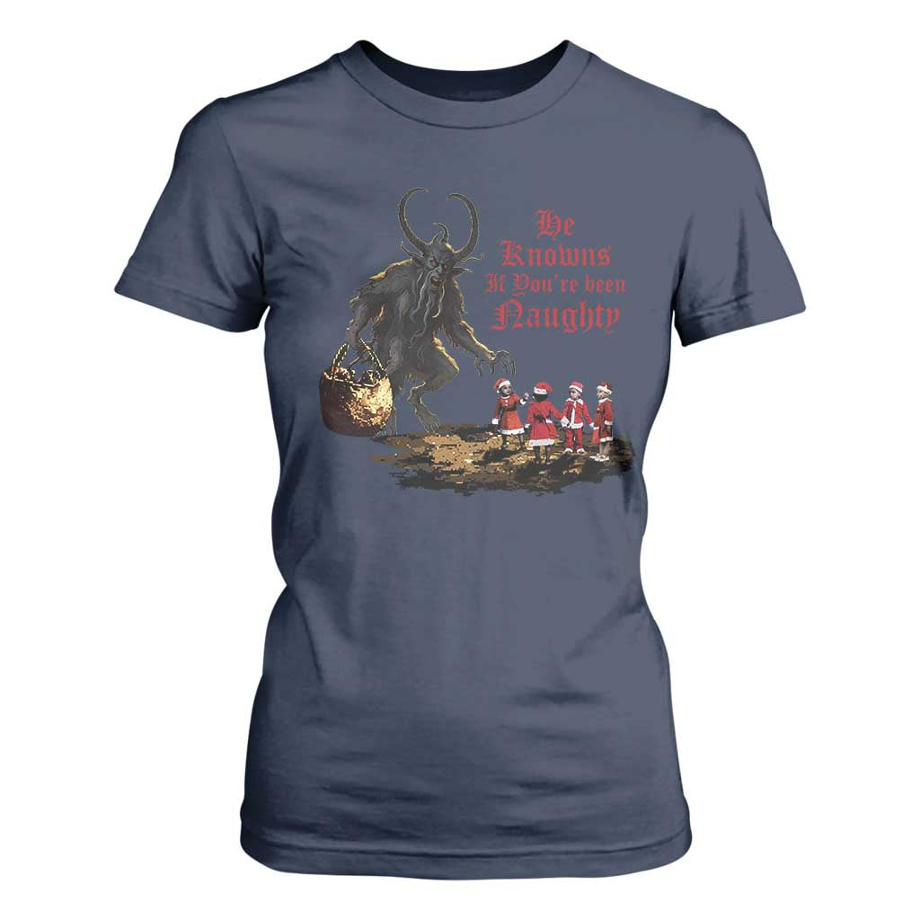 Christmas Krampus T Shirt For Women He Knows If You've Been Naughty TS09 Navy Print Your Wear