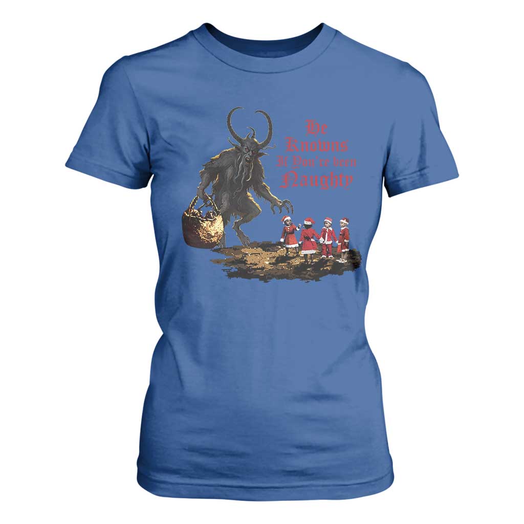 Christmas Krampus T Shirt For Women He Knows If You've Been Naughty TS09 Royal Blue Print Your Wear