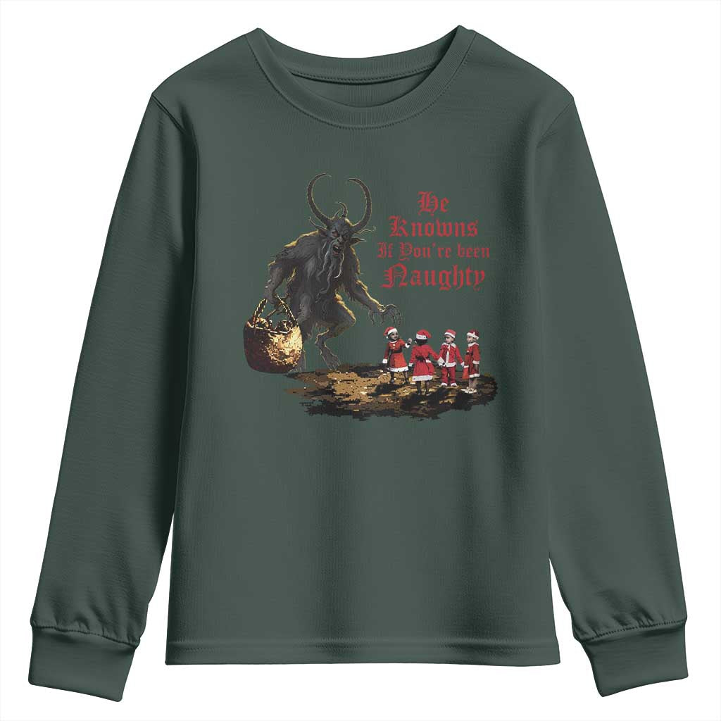 Christmas Krampus Youth Sweatshirt He Knows If You've Been Naughty TS09 Dark Forest Green Print Your Wear