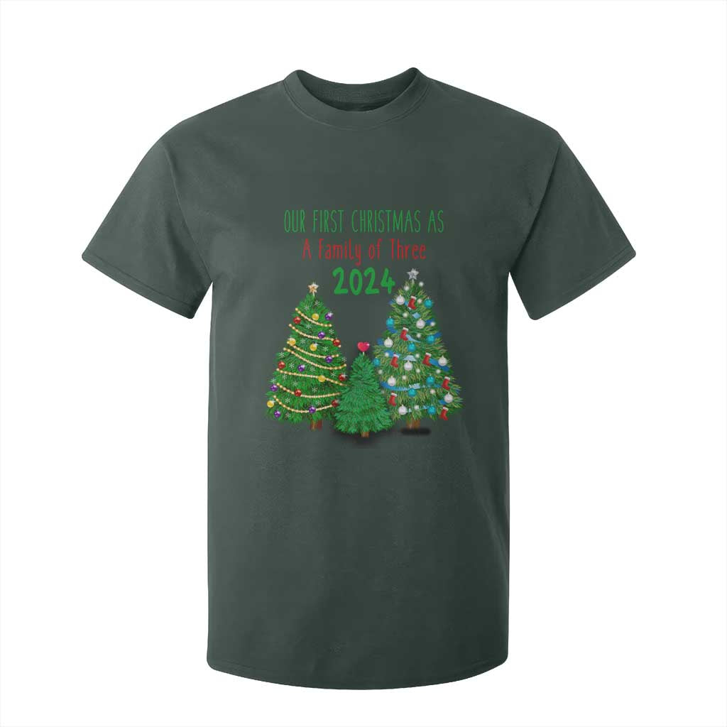 First Christmas As A family Of Three T Shirt For Kid TS09 Dark Forest Green Print Your Wear