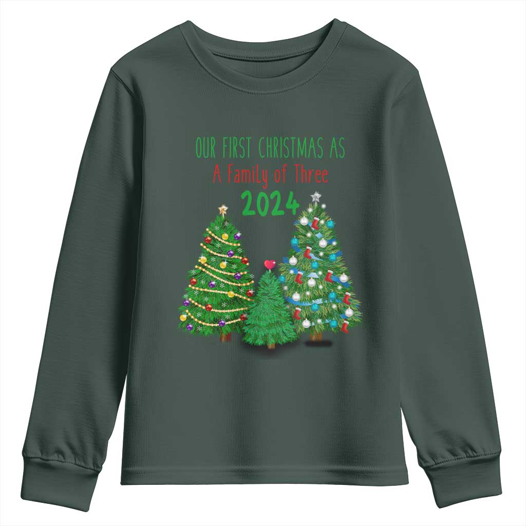 First Christmas As A family Of Three Youth Sweatshirt TS09 Dark Forest Green Print Your Wear